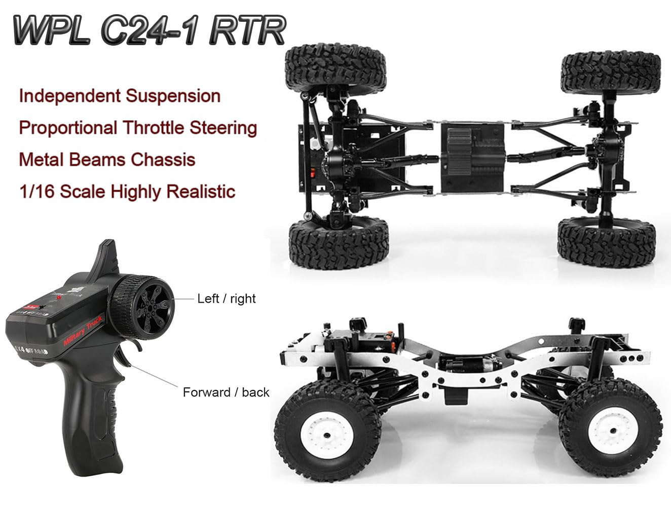 HLSFWDRIVE WPL C24-1 RC Rock Crawler RC Truck 4x4 1/16 Scale RC Crawler Off Road Remote Control Pickup 2.4G All Terrain RTR with Proportional Throttle Steering Led Light Adult