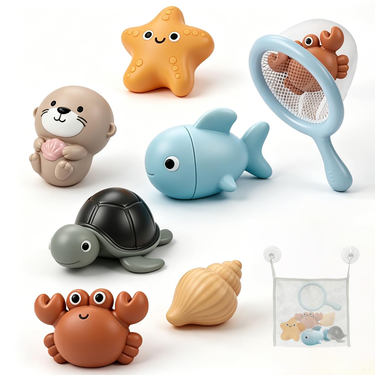 7PCS No Hole Mold Free Baby Bath Toys with Ocean Animals, Sealed Bathtub Toys for Infant with Spoons and Storage Bag, Soft, Float and Squeezeable Water Toy for Shower, Pool and Beach, Gift for 6-12M+