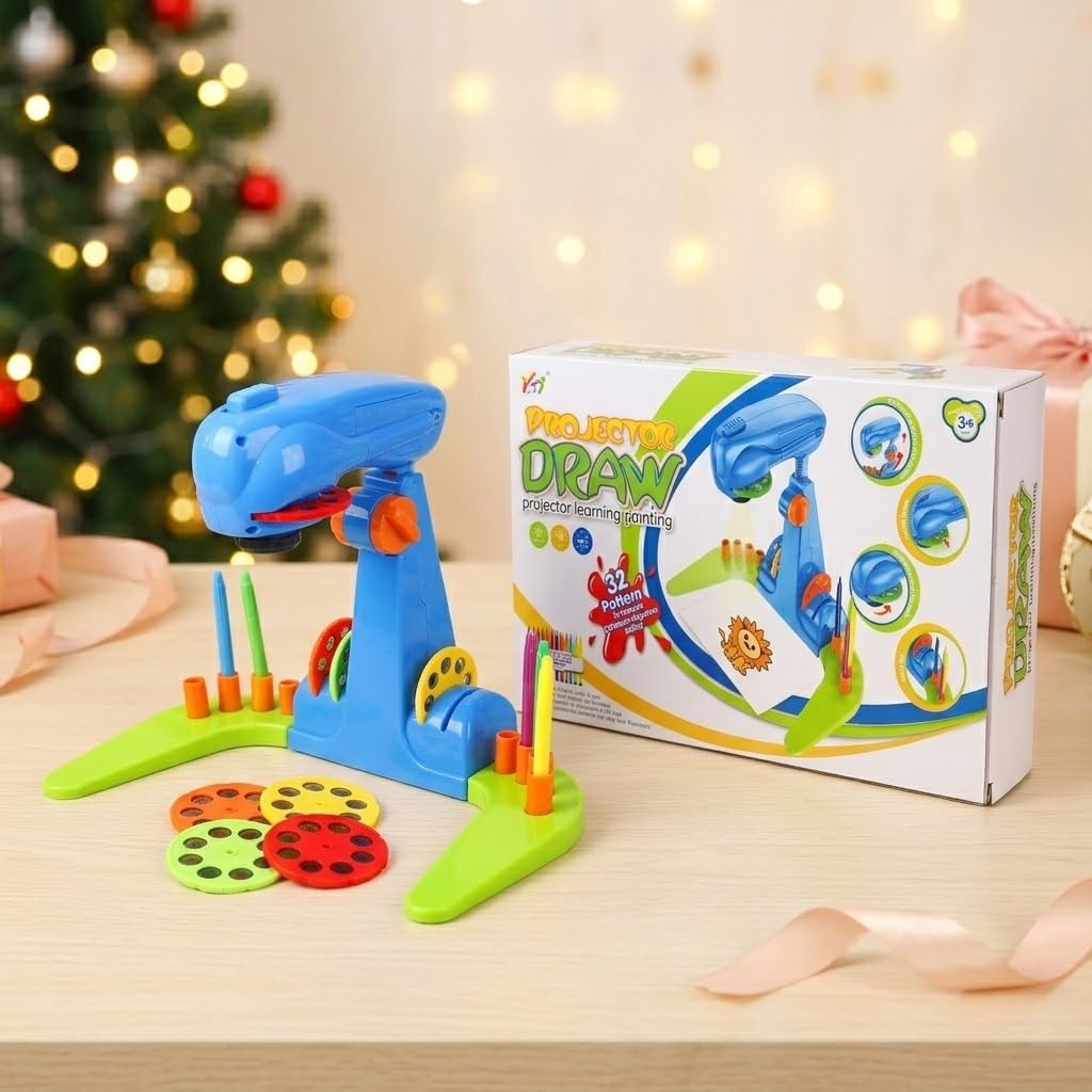 LEERFEI Drawing Projector for Kids–Adjustable Preschool Art Tracing Kit, 4 Discs (32 Diverse Cartoon Patterns), 12 Watercolor pens & 1 Paper Pad. Play-Based Learning Toy for Boys & Girls Ages 3+
