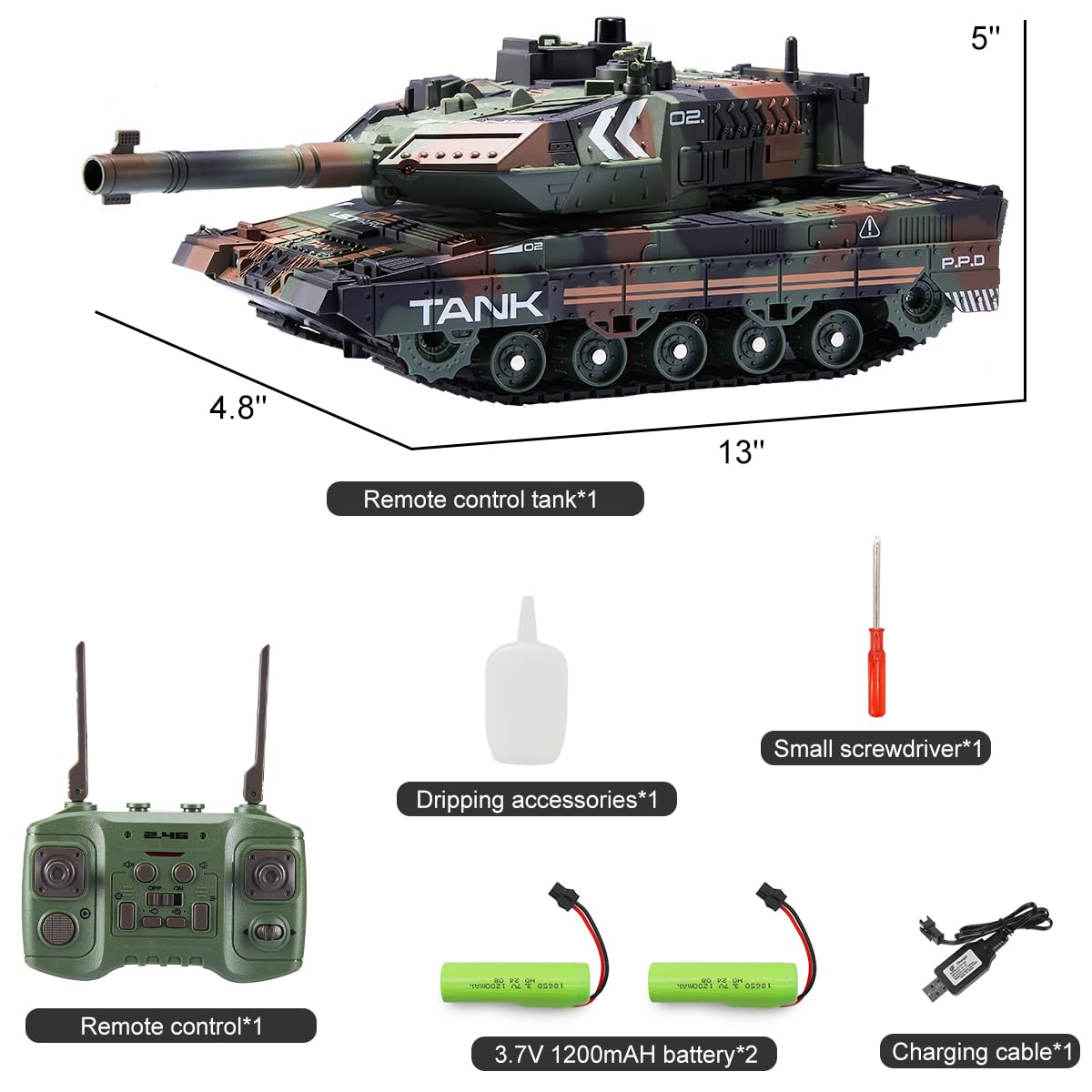 Hitish RC Tank that Shoots for Kids - 2.4Ghz Remote Control Army Tank Toys with Auto Demo Sound Light Smoke - 13 Channel Military Vehicles Model Gift for Adults Boys Age 6-8 9-12, Army Green