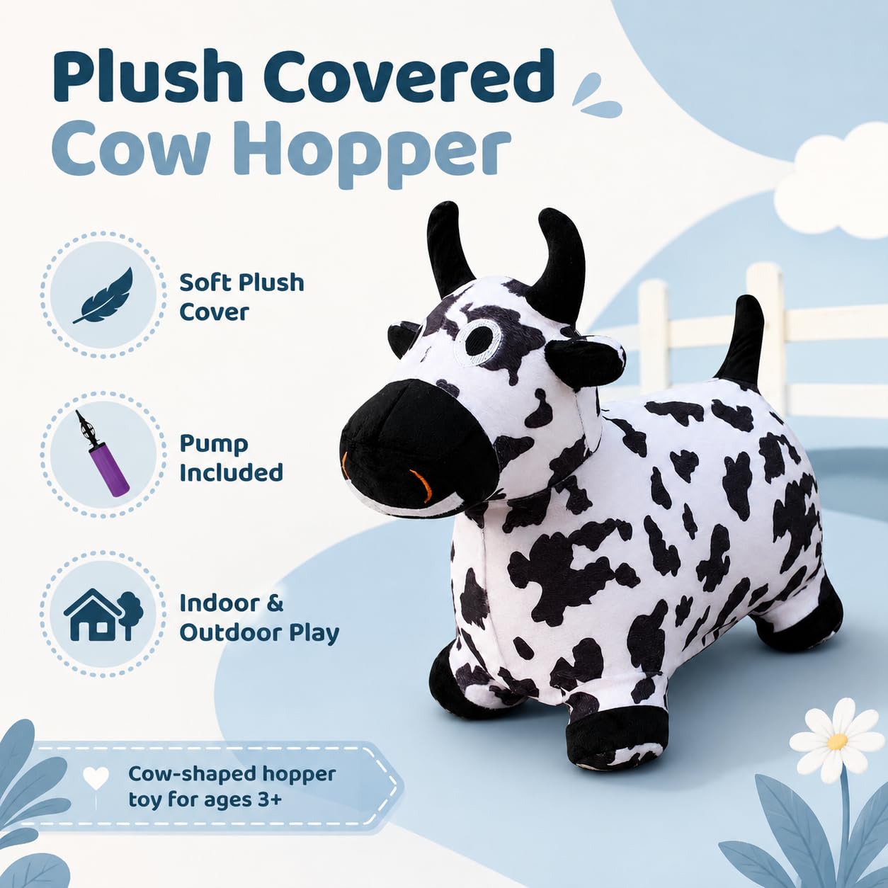 THXKNJ Hoppity Cow Inflatable Hopper with Pump, Plush-Covered Bouncy Animal Ride on Bouncer for Toddlers & Kids, Jumping Cow Hopping Toy Birthday Gift for Boys Girls 18 Months to 6 Years Old