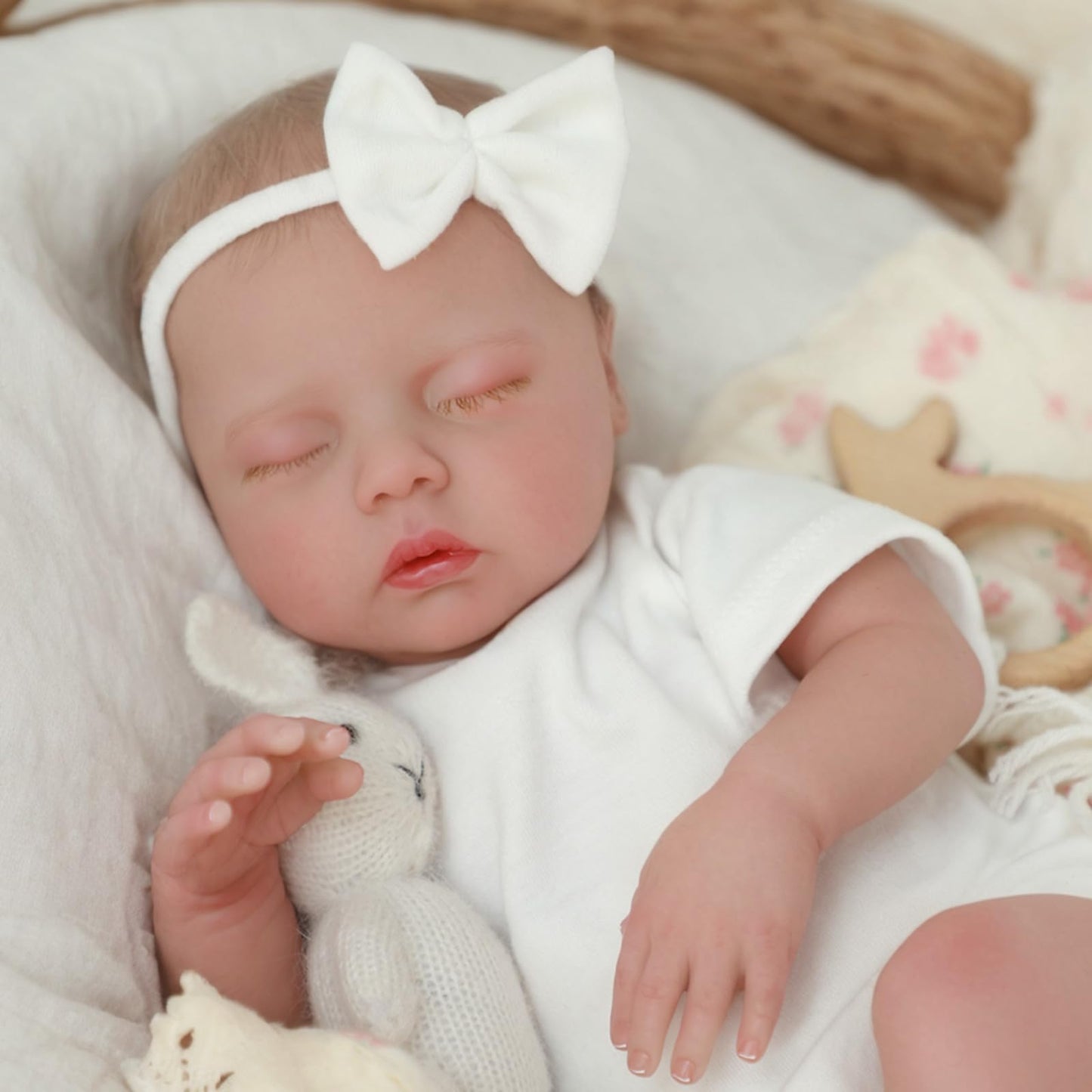 SCOM 18" Sleeping Reborn Baby Doll Girl – Realistic Newborn Sleeping Baby, Soft Weighted Cloth Body & Vinyl Limbs, with Cute Feeding Accessories Toy, Lifelike Toy for Kids Age 3-8