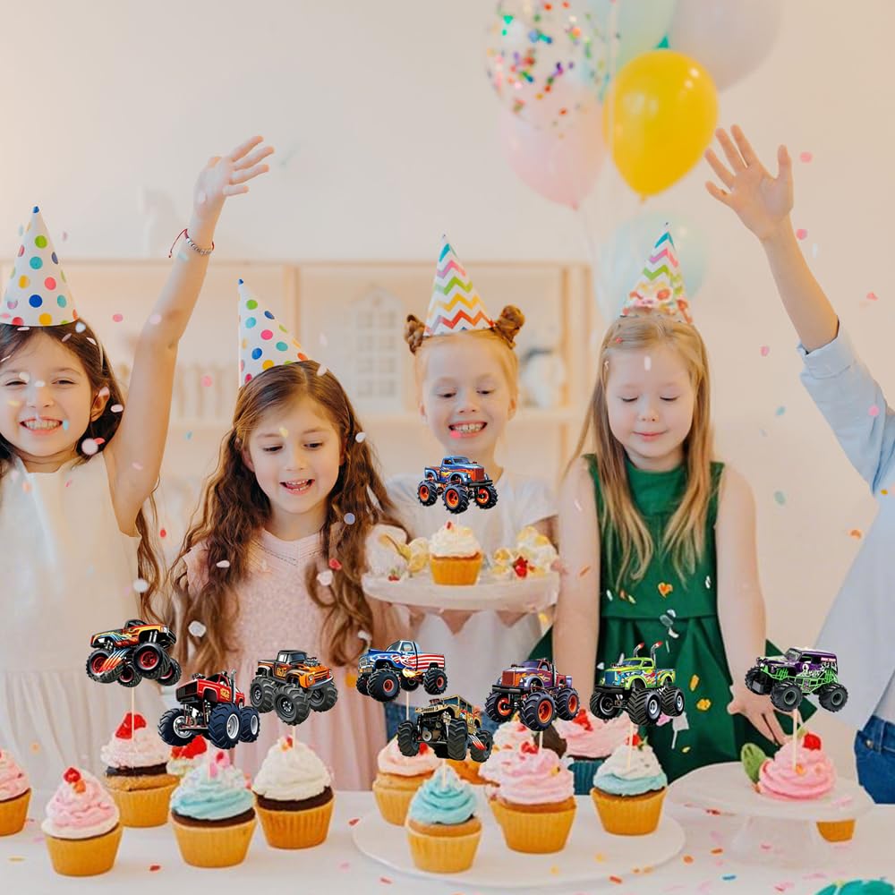 24 PCS Monster Truck Cupcake Toppers Truck Car Theme Birthday Party Decorations Racing Car Theme Birthday Decoration for Boys Girls Baby Shower Kids Cake Decorations Party Supplies