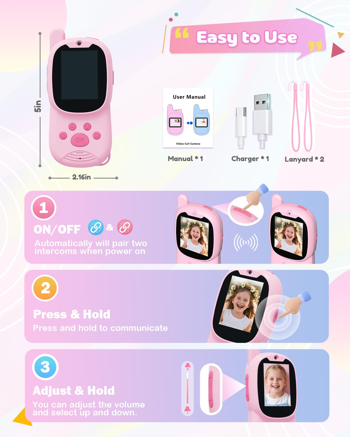 Eveedo Video walkie talkies for Kids,2 Pack Rechargeable Kids Walkie Talkies can Send Messages,Christmas Birthday Gifts for Kid Age 3-12,Portable Toddler Toy for 4 5 6 7 8 9 Year Old Girls Boys Pink