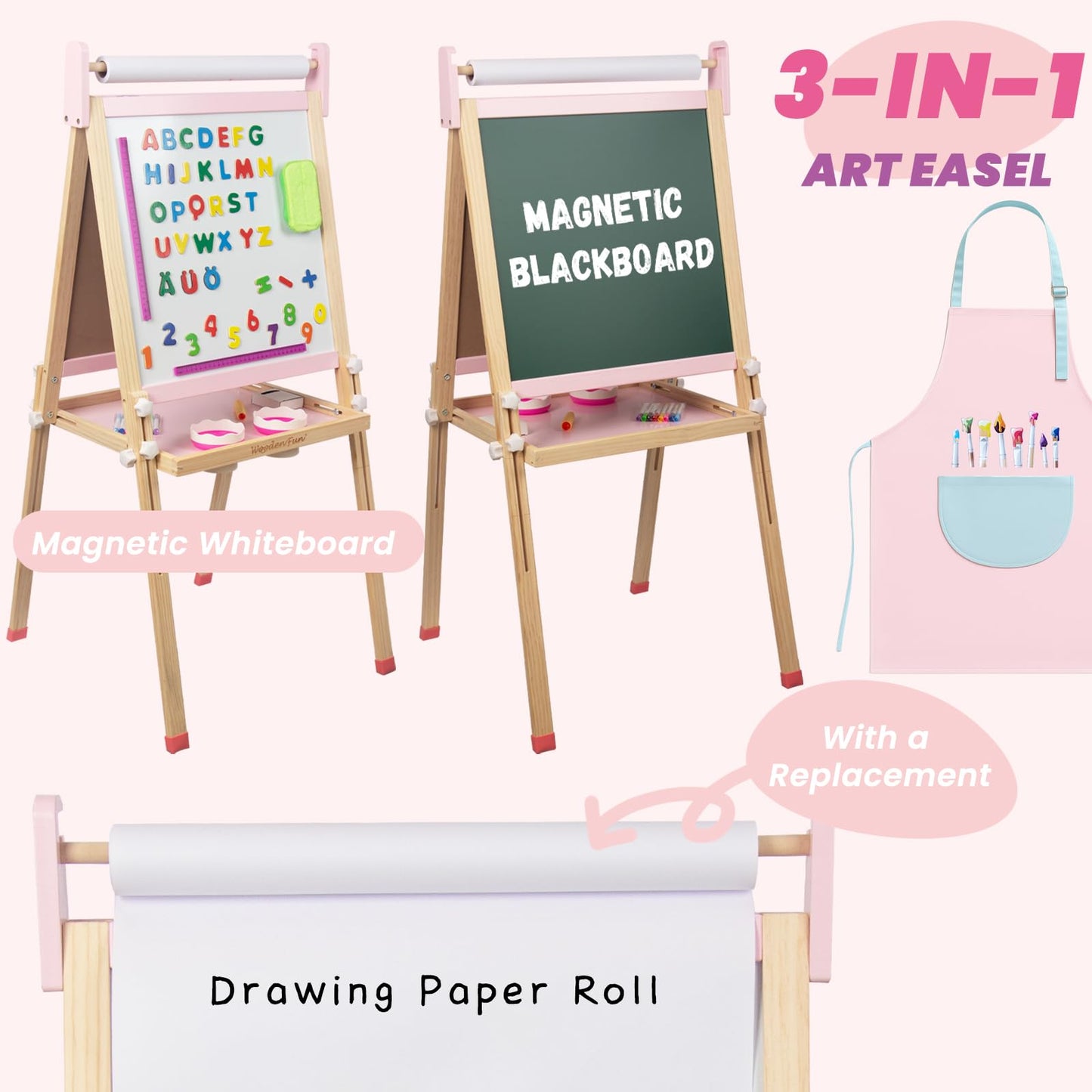 Kids Wooden Easel with Paper Roll, Adjustable Magnetic Double Sided Drawing Board Whiteboard & Chalkboard Dry Easel Board, Children Art Easel for 3-12 Years Kids Boys Girls Painting Drawing (Pink)