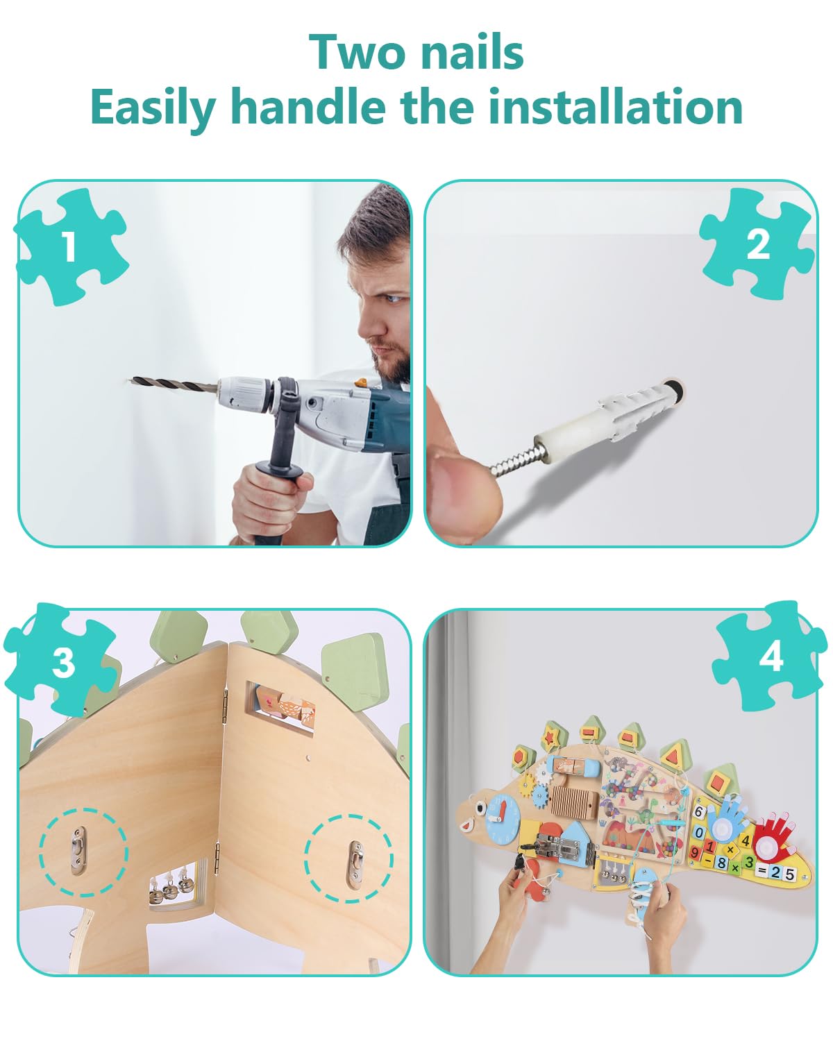 Dinosaur Activity Wall Busy Board - 11-in-1 Foldable Wooden Montessori Sensory Panel for Kids 3-7, Wall Mounted Toddler Learning Activity Center for Playroom Classroom Daycare, Autism Sensory Toy