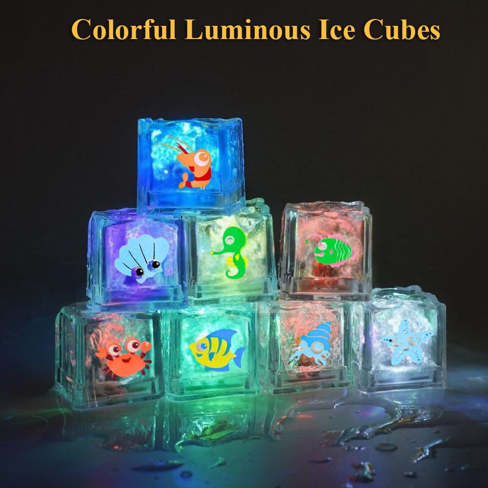 NEXTAKE Novelty Kids Bath Toy 8 PCS Simulation Ice Cube Liquid Water Sensor Mutlticolor Glowing Luminous Ice Cube with Marine Plants and Animals Pattern for Bathtub, Swimming Pool