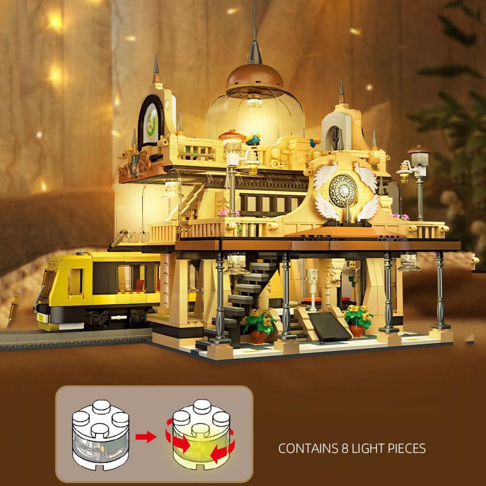 Wyiauy European Style Railway Station Architecture Building Set,Steampunk Railway Station with LED Light Building-Bricks Set 1945 Pieces for Adults and Teens