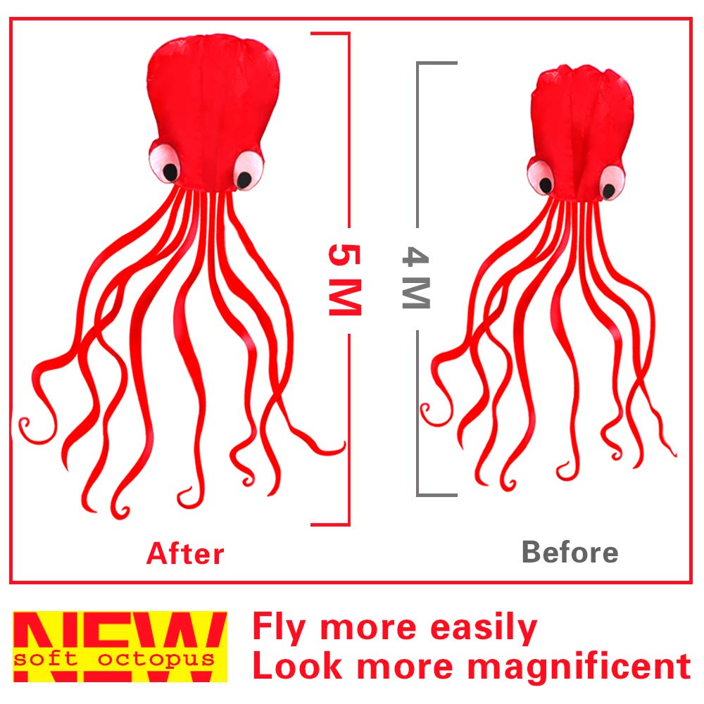 Hengda Kite Software Octopus Flyer Kite with Long Colorful Tail for Kids, 31-Inch Wide x 157-Inch Long, Large, Red