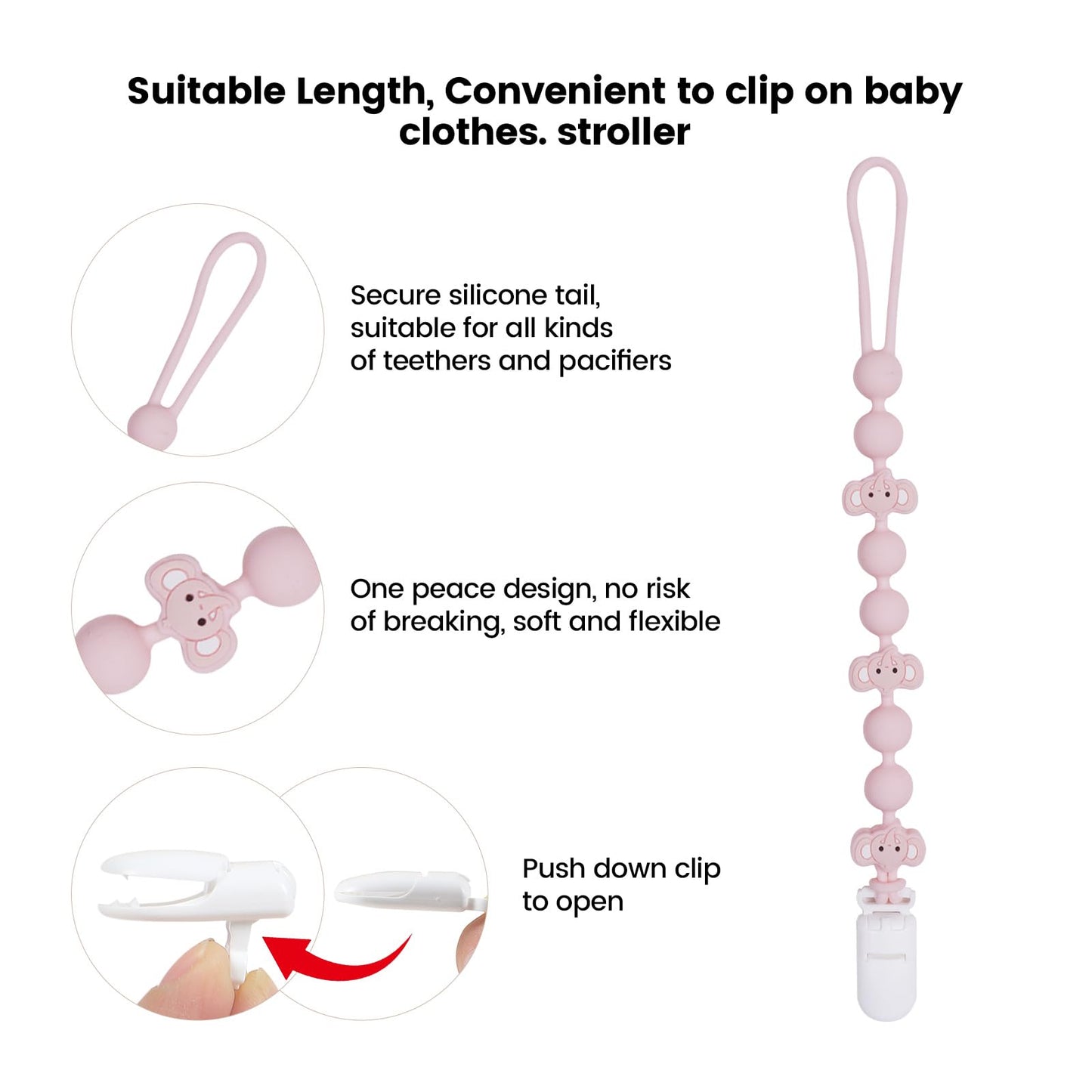 Cute Animal Baby Food Grade Silicone Teether Toy with One Piece Design Pacifier Clip Holder,Teething Pain Relief Toys Gift Set for 3 Months+ Boys and Girls,Freezer Safe,BPA Free (Elephant)