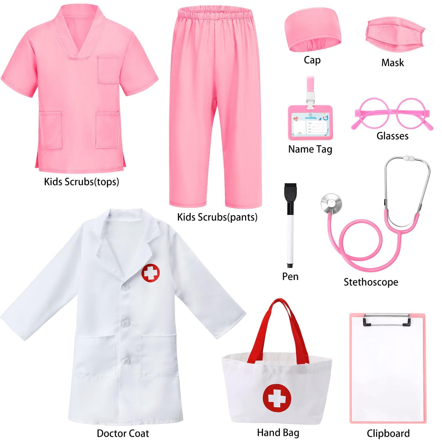 Boutrele 12 PCS Doctor Costume for Kids,Scrubs with Lab Coat/Nurse Costume Kids Set,Girls Boys Doctor Career Day Costumes(Pink, 4-5 Years)