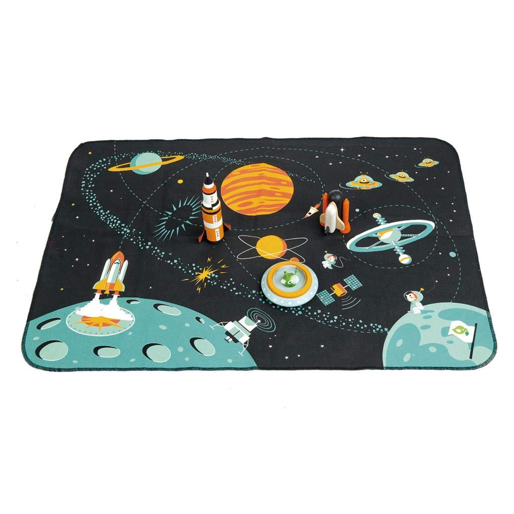 Tender Leaf Toys - Space Adventure - 7 Pieces Wooden Rocket and Outer Space Themed Playmat Set - Develop Imaginative Role Play and Science Interest for Children 3+
