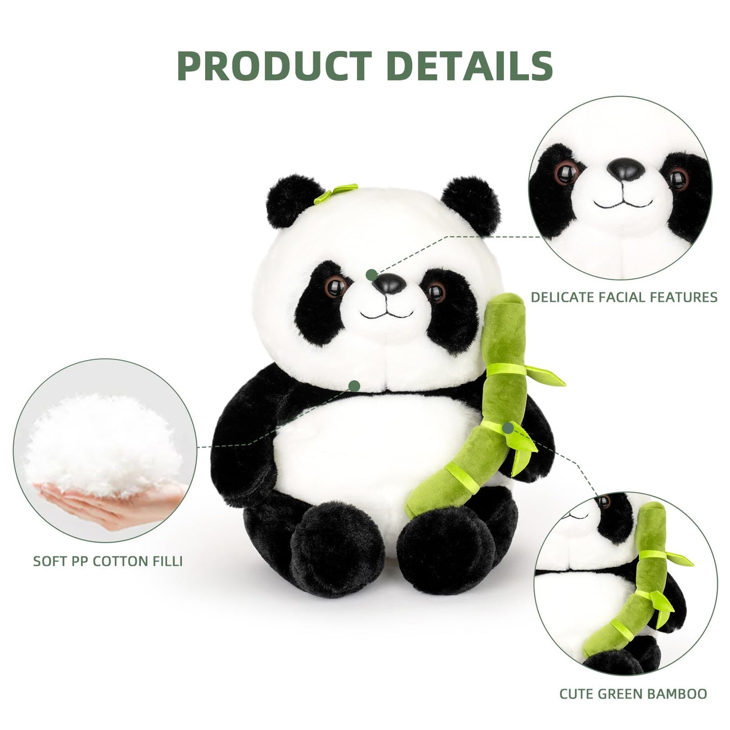 Wanwu World Panda Stuffed Animal 9'' Soft Bear Plush Toys with Bamboo Stuffed Panda Plushies Cute Doll Gifts Black and White (9inch
