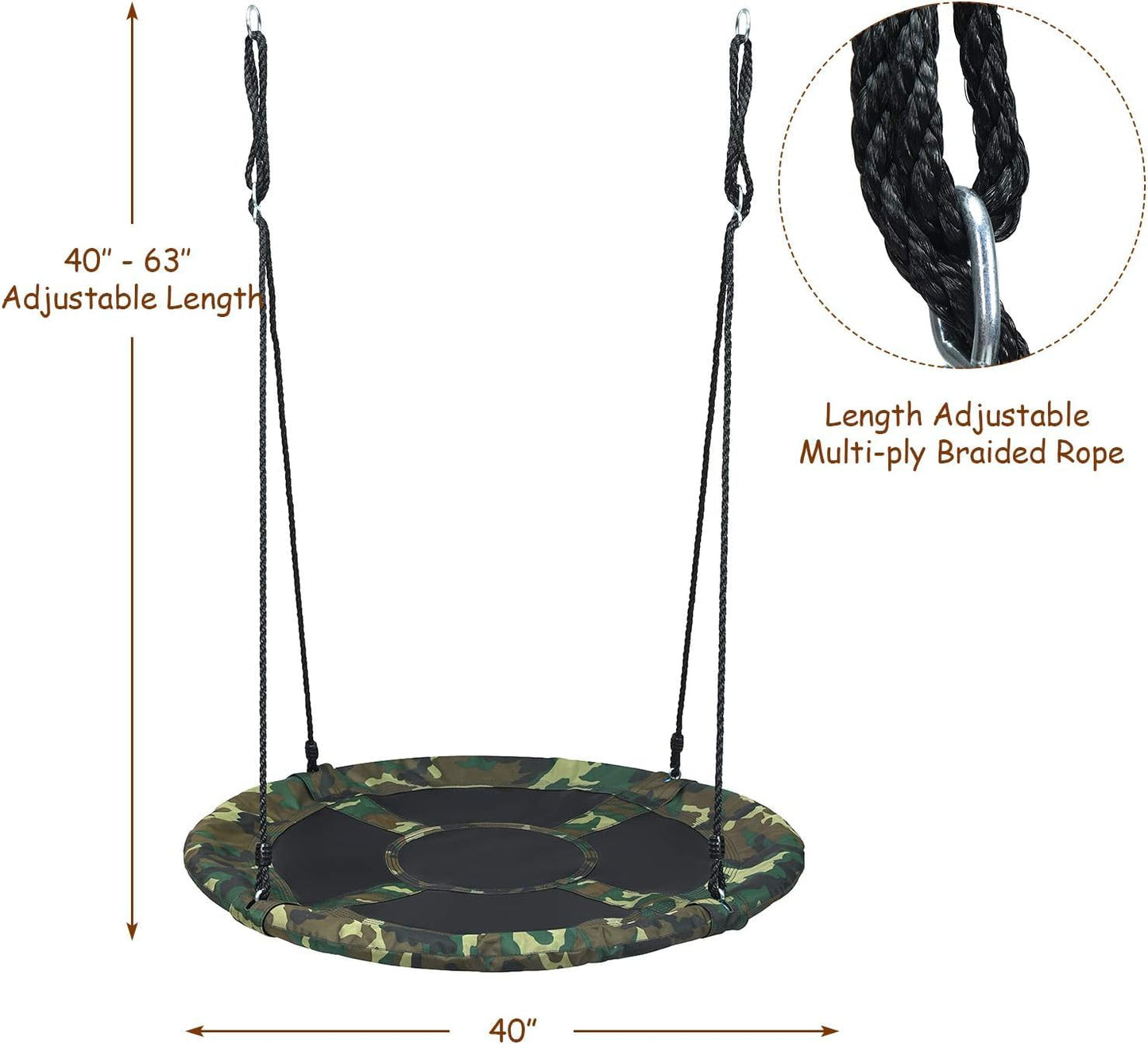 LDAILY Moccha Flying Saucer Tree Swing, Giant 40” Round Swing with Metal Frame, Adjustable Hanging Rope, Waterproof 600D Oxford Cloth, Indoor Outdoor Swing for Backyard, Playground (Camo Green)