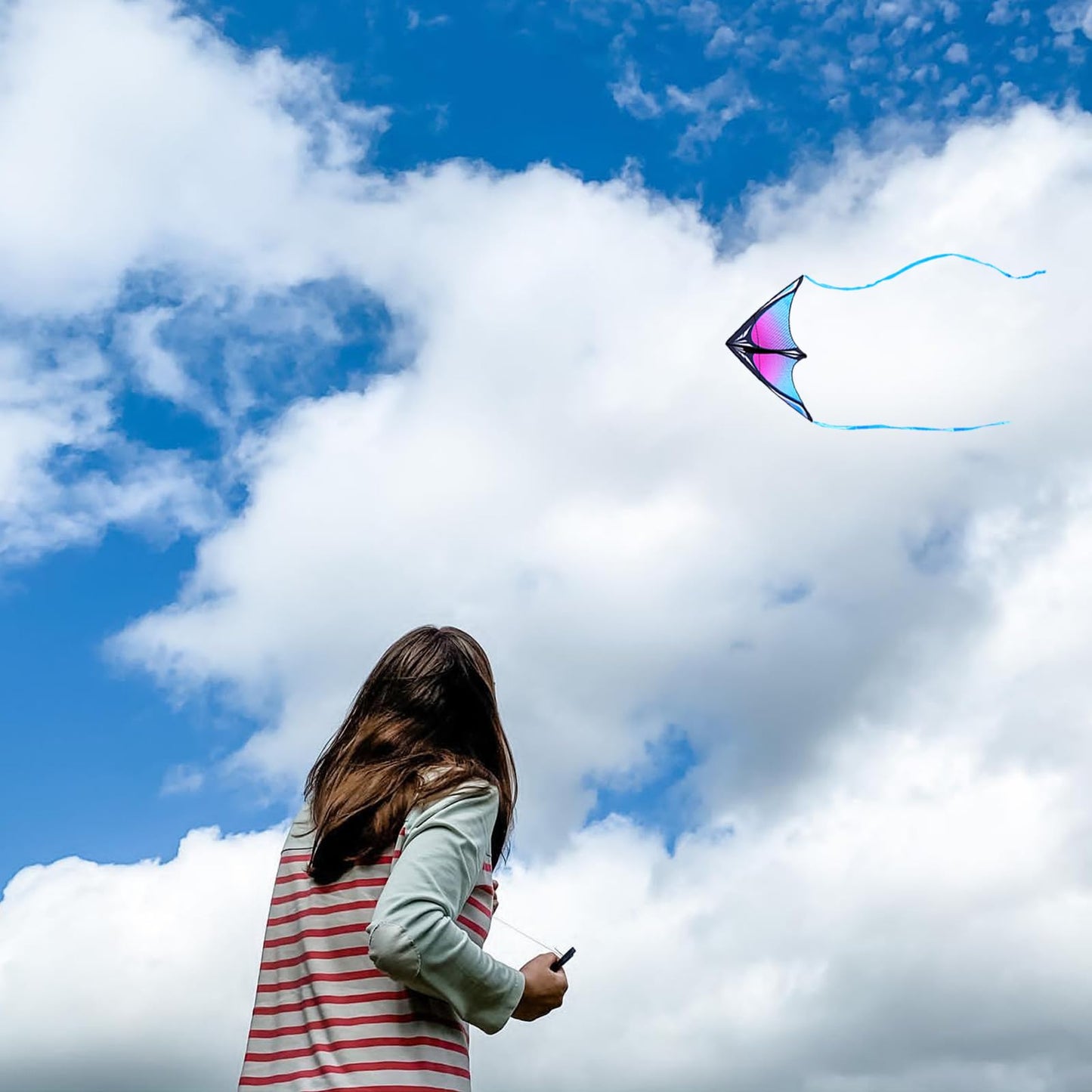 Flying Hoofer Large Beach Delta Kite for Adults and Kids Ages 4-8 & 8-12, Extremely Easy to Fly for Beginners(60X30''), Single Line Kite,Comes with 300 FT String Kite Handle.(Blue)
