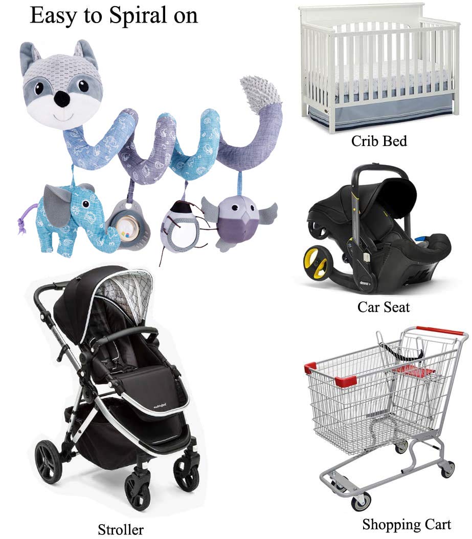 ORZIZRO Car Seat Toys, Baby Plush Spiral Hanging Toys for Stroller Crib Bar Bassinet Car Seat Mobile with Musical Owl BB Squeaker Elephant- Gray Fox