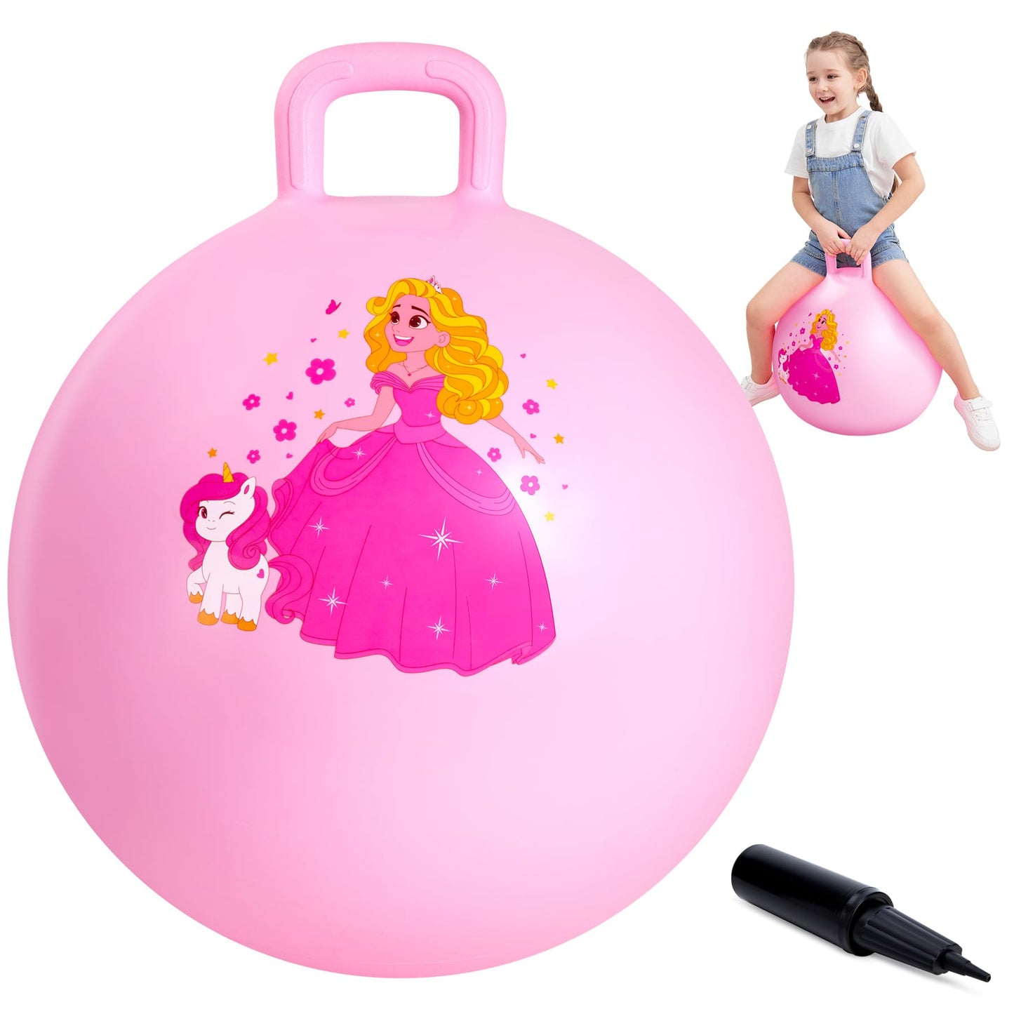 ZOOJOY Princess Hopper Ball, 18 Inch Bouncy Ball with Handle for Kids Aged 3-8, Inflatable Jumping Toys for Girls Boys, Pink Hopping Toys Gift with Pump
