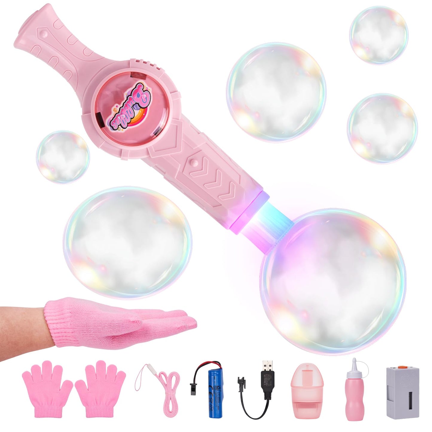 Smoke Bubble Machine, Elastic Bubble Fog Wand, Rechargeable Fog Bubble Machine with Lights & Sound, for Parties Outdoor Interactive Fun (Pink)