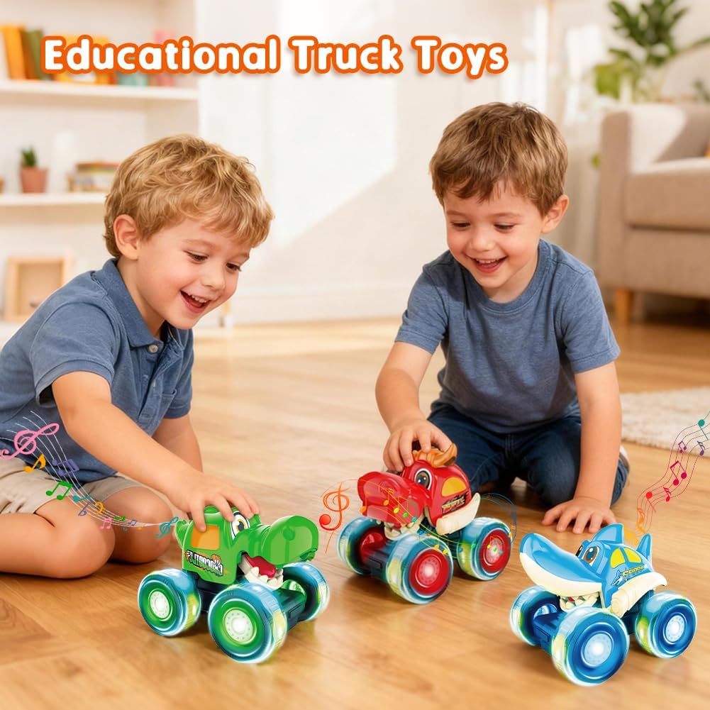 Monster Truck Toys, Light Up Monster Trucks for Boys Age 4-7, Toy Cars for Toddlers 1-3 with Shark Bull Crocodile Truck, Musical Press and Go Cars Kids Gifts for Birthday Easter Basket Stuffers