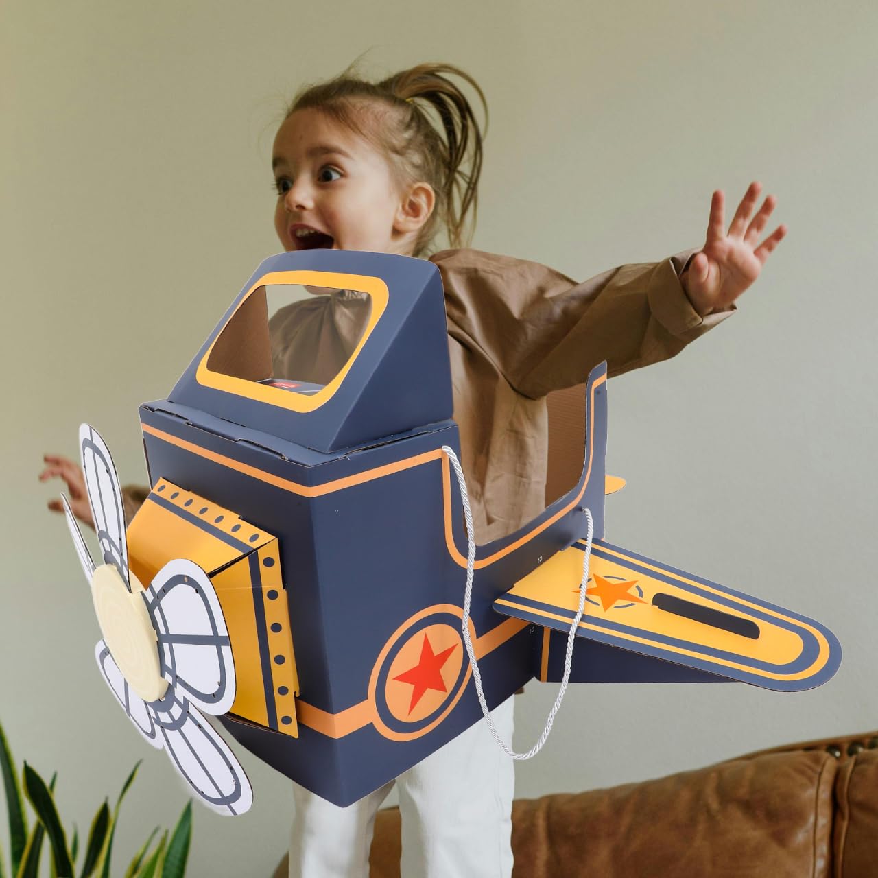 SAFIGLE Children Wearable Cardboard Plane: Airplane Costume for Kids DIY Paper Aircraft with Rotating Fan - Cardboard Car Fun Outdoor Play and Learning Experience Flying Airplanes for Kids Blue