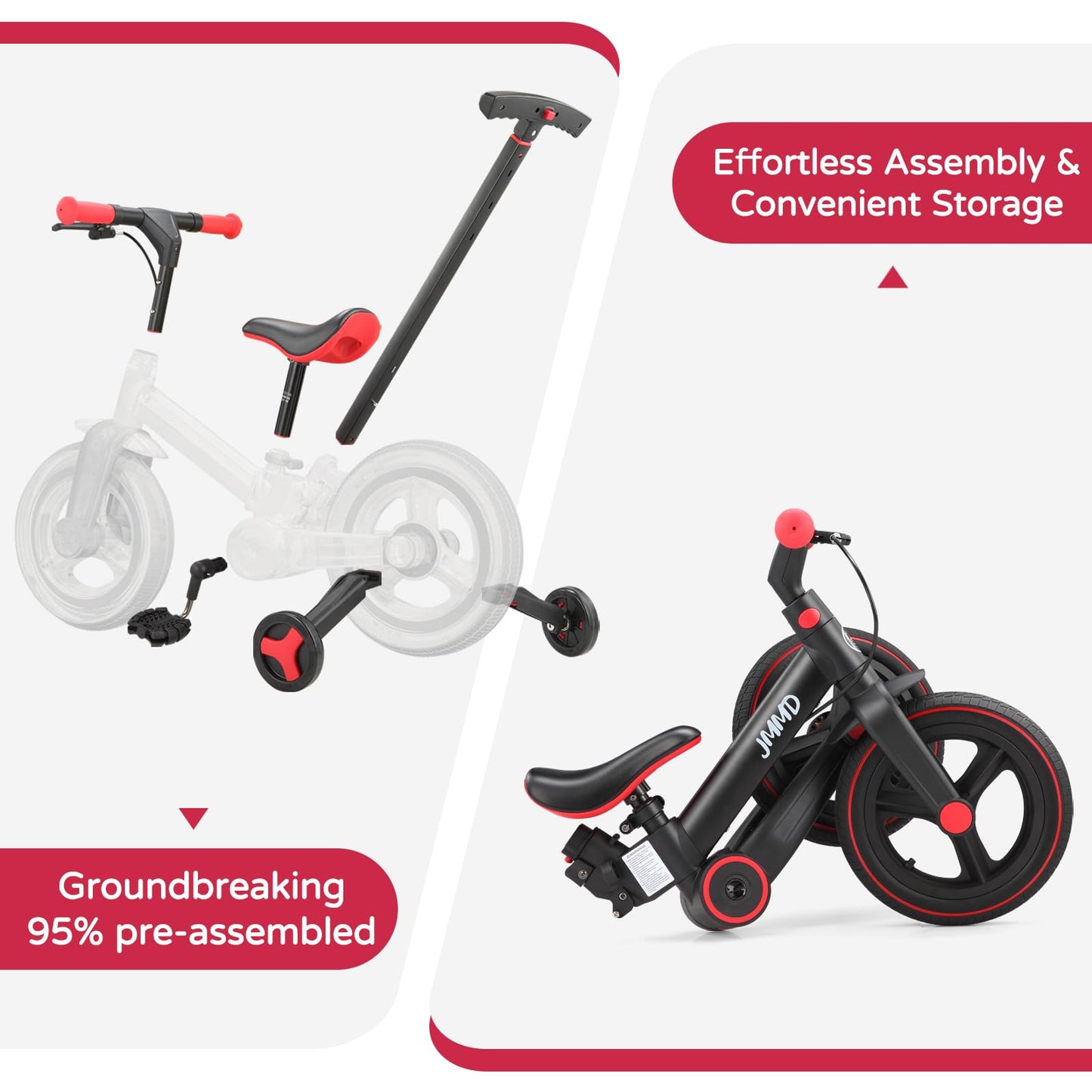 JMMD 6 in 1 Toddler Bike with Push Handle for Kids 18-60 Months, 12" Foldable Balance Bike with Training Wheels, Pedals, Brakes, Kickstand, Push Tricycle Toddler Gift & Toys for Boy & Girl