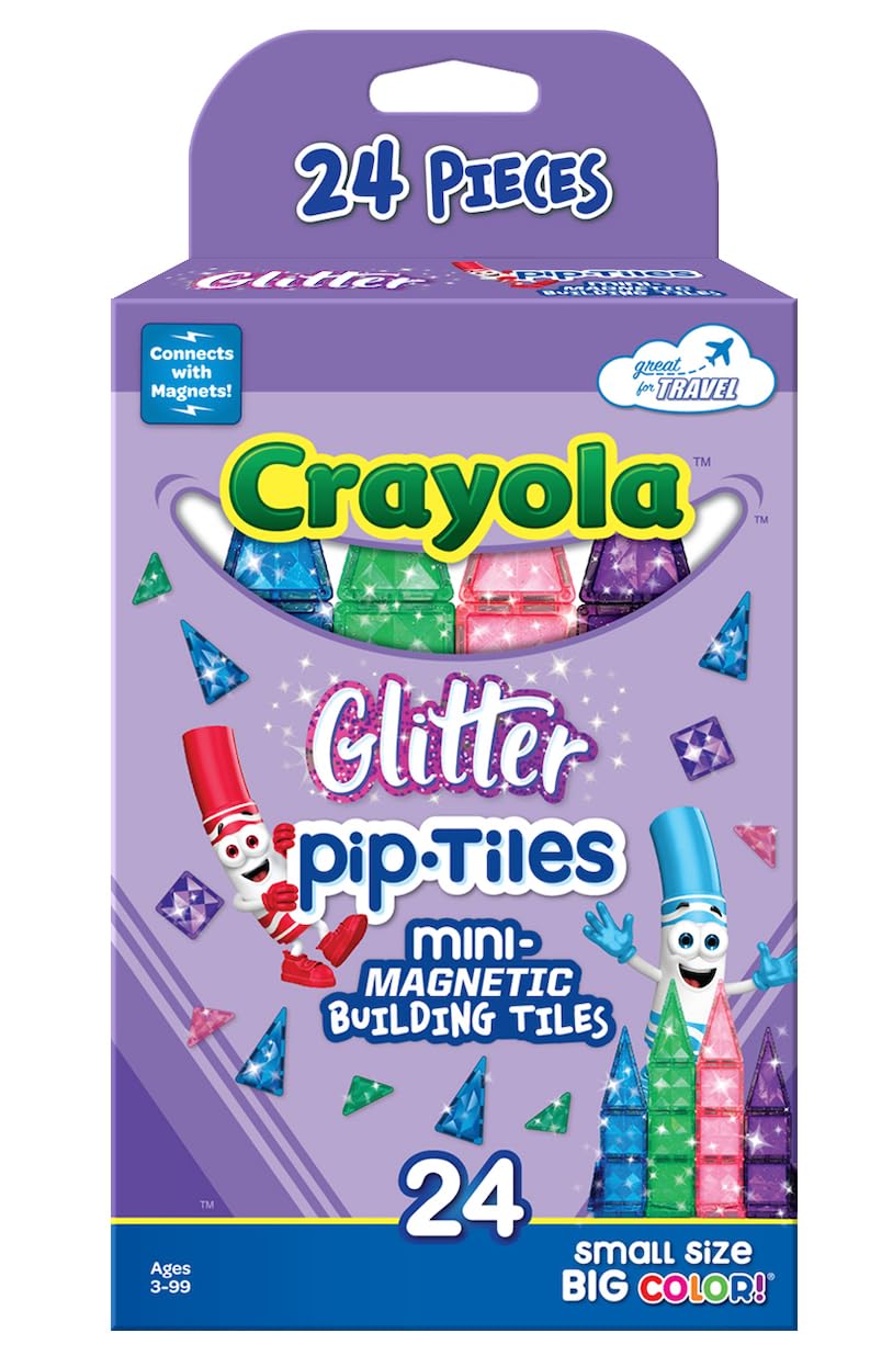 CreateOn Crayola Mini Magnetic PIP-Tiles, Building Set for Kids, Magnetic Building Toys for Kids, STEM Travel Toys for Boys and Girls Ages 3+, 24-Piece Set (Glitter)