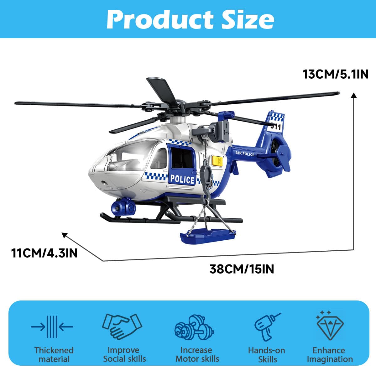 Police Toys Helicopter 15-in Airplane Toys for Kids with Hanging Basket Sounds and Lights for Boys Ages 3 4 5 6 7