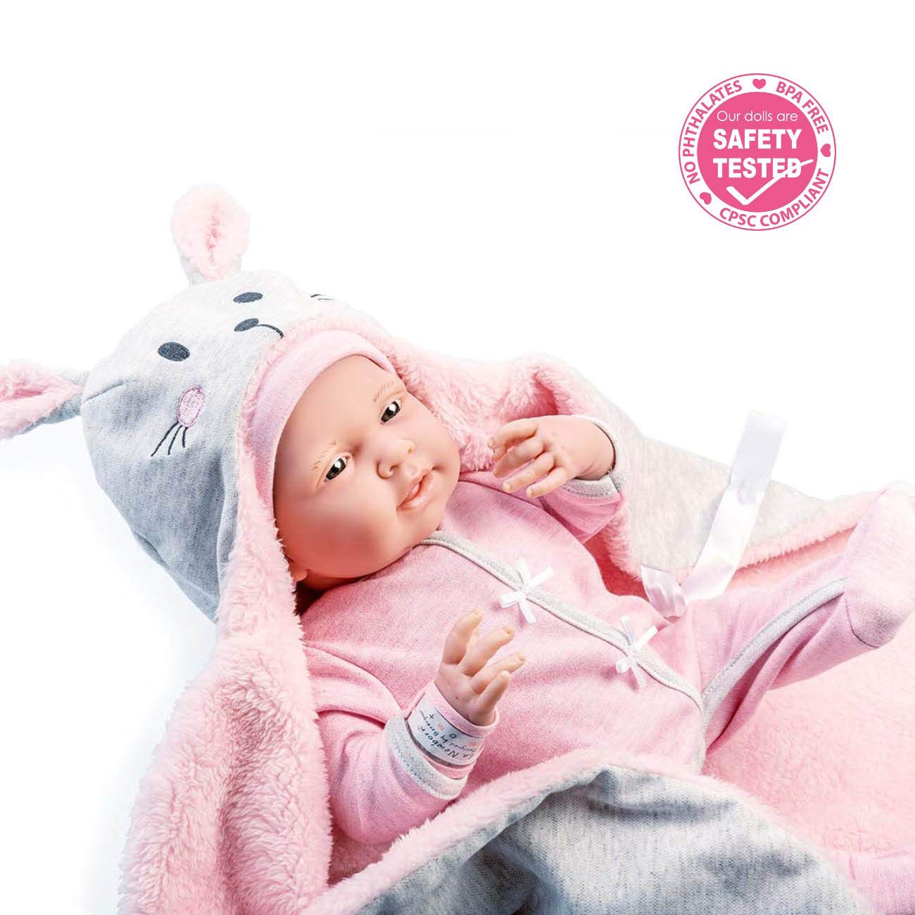 JC Toys - La Newborn Nursery | 8 Piece Bunting Soft Body Baby Doll Gift Set | 15.5" Life-Like Soft and Posable Newborn Doll with Accessories | Pink Bunny| Ages 2+ (18789)