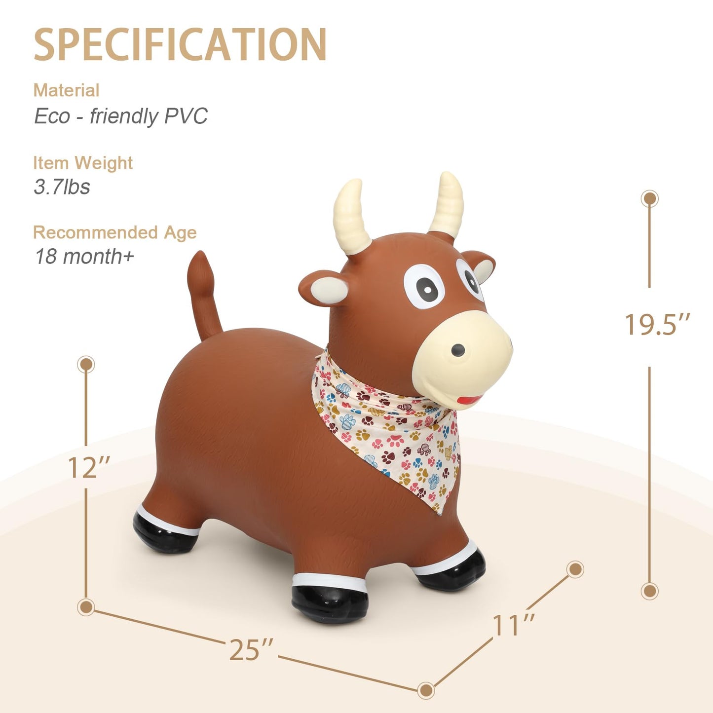 INPANY Bouncy Bull Farm Animal Hopping Toys for 1 2 Year Old Boy Gifts, Ride on Toddler Brown Cow Hopper, Kids Inflatable Jumping Horse, Outdoor Indoor Rubber Bouncer for 3 4 Yr Girl Birthday