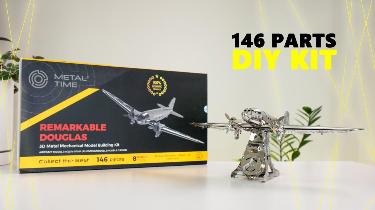 METAL-TIME REMARKABLE DOUGLAS, Douglas DC-3 Model, 3D Metal Airplane Model Mechanical Building Kit, Unique Wind-Up Moving Mechanism, Stainless Steel DIY Construction with Toolbox - 146 Pieces.