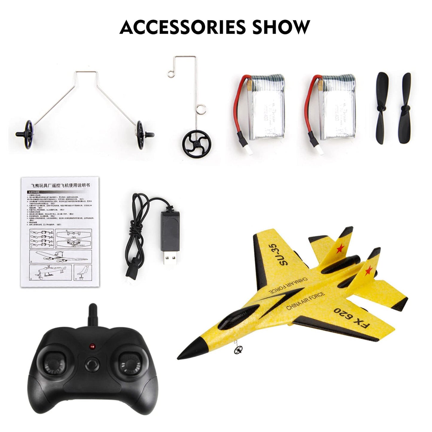 GoolRC FX620 RC Airplane, 2.4GHz Remote Control Airplane, 2 Channel RC Plane, SU-35 RC Glider EPP Aircraft Model with 3-Axis Gyro, Outdoor Flight Toys for Teens and Adults with 2 Battery (Yellow)