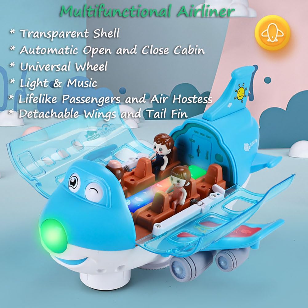 Miracland Airliner Musical Aircraft Simulation Model, 360 Rotation Jet With Lights & Music, Universal Wheel, 1 Air Hostess and 2 Passengers (Blue)