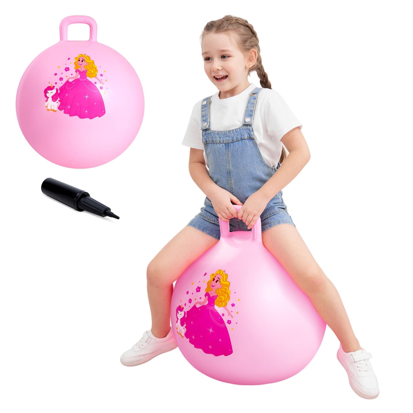 ZOOJOY Princess Hopper Ball, 18 Inch Bouncy Ball with Handle for Kids Aged 3-8, Inflatable Jumping Toys for Girls Boys, Pink Hopping Toys Gift with Pump