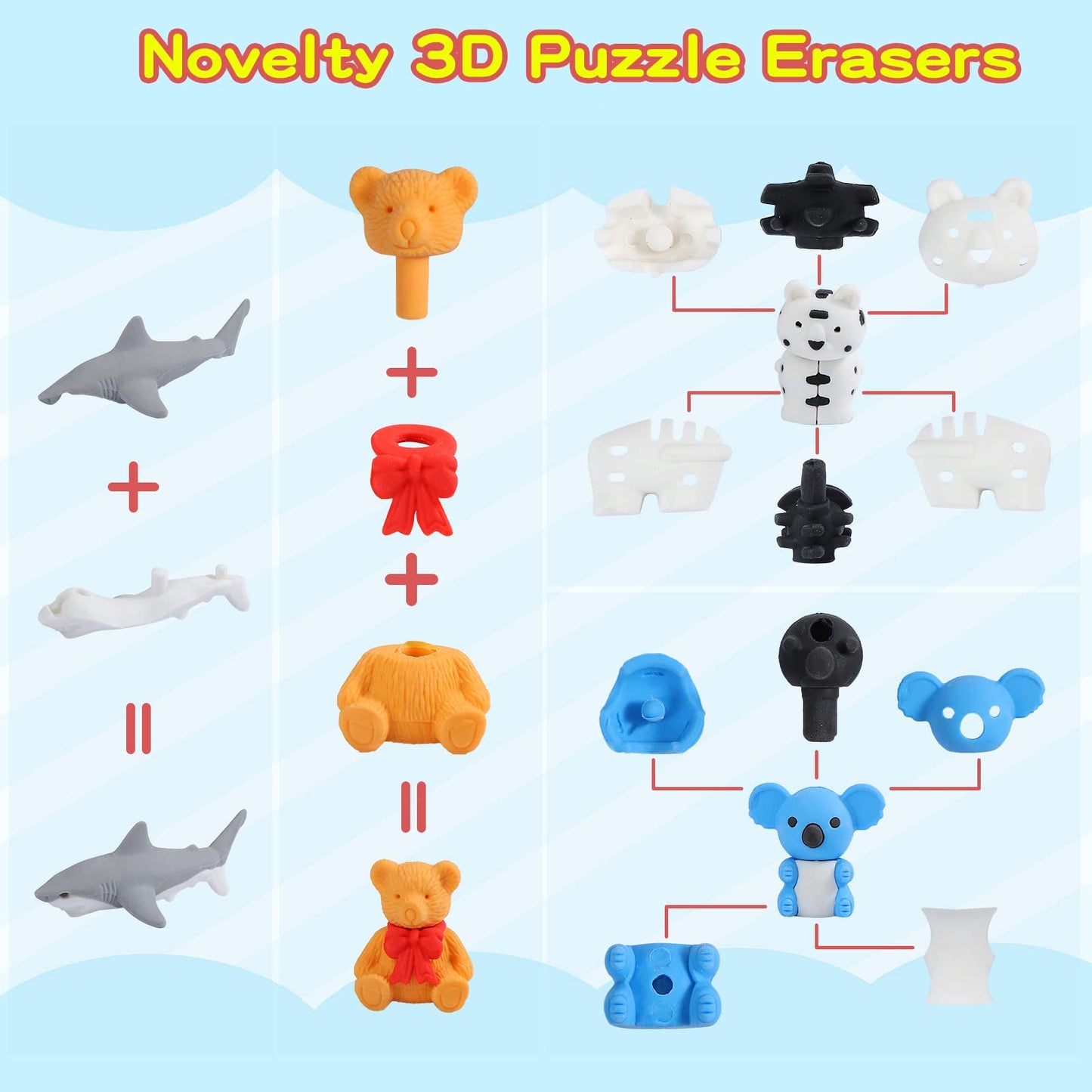 Kleeblatt 40Pcs Animal Erasers Desk Pets for Kids Assembled Eraser 3D Puzzle Erasers Classroom Prizes,Class Pets,Party Favors