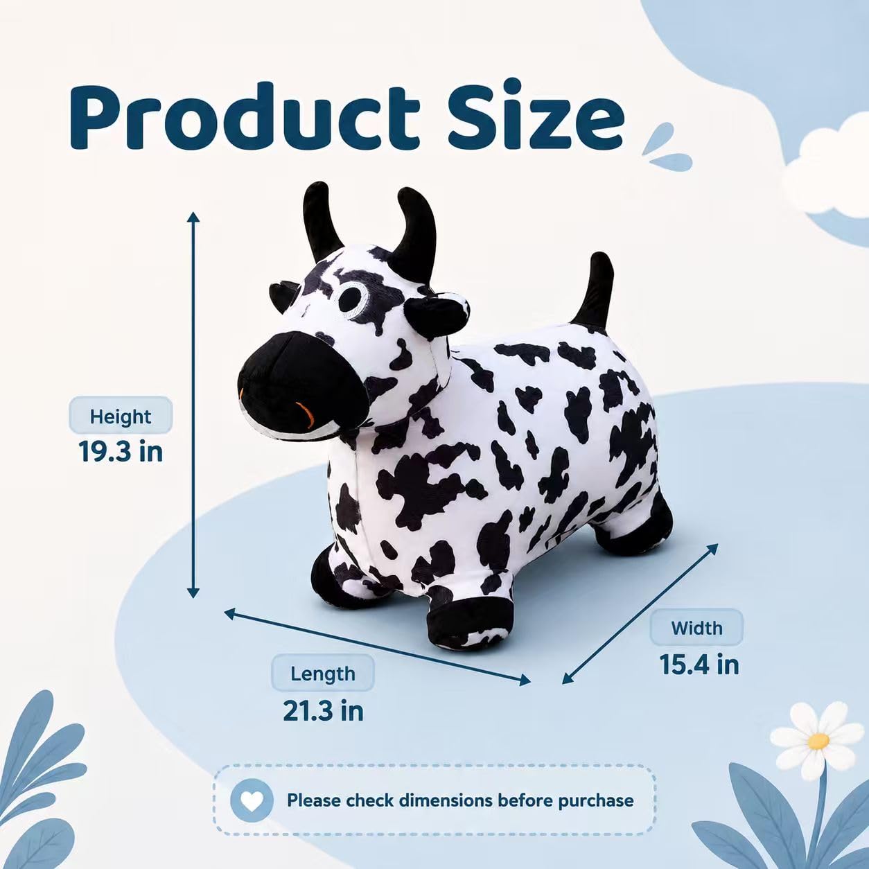 THXKNJ Hoppity Cow Inflatable Hopper with Pump, Plush-Covered Bouncy Animal Ride on Bouncer for Toddlers & Kids, Jumping Cow Hopping Toy Birthday Gift for Boys Girls 18 Months to 6 Years Old