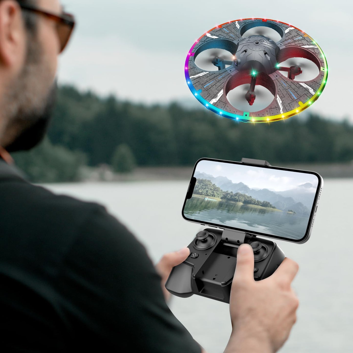 Round Foam RC UFO Drone with Camera, Multi-Color LED Lights (Color Switching), 360° Flips, Speed Adjustment, Beginner-Friendly FPV Quadcopter Airplane (Silvery)