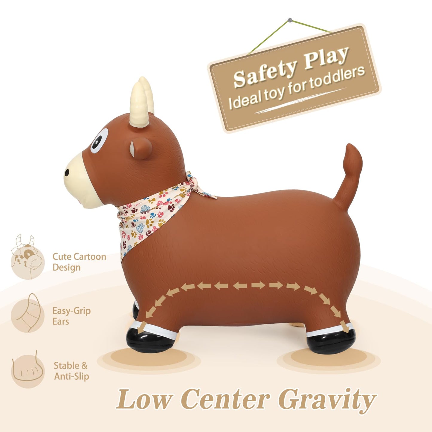 INPANY Bouncy Bull Farm Animal Hopping Toys for 1 2 Year Old Boy Gifts, Ride on Toddler Brown Cow Hopper, Kids Inflatable Jumping Horse, Outdoor Indoor Rubber Bouncer for 3 4 Yr Girl Birthday
