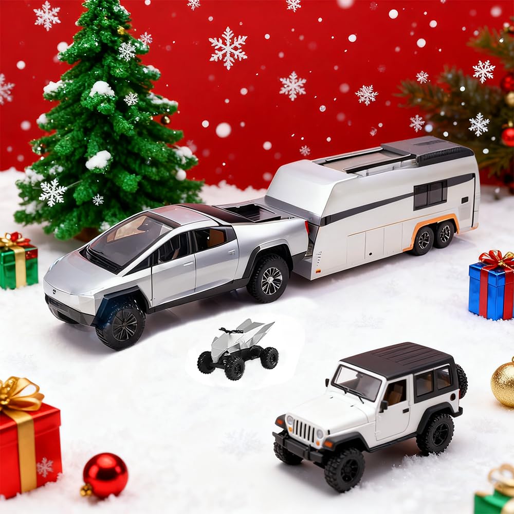RCOOS Toy Car Alloy Truck Set with Trailer and Motorcycle Cyberpickup Toy with Sound and Light Effect Pull Back Vehicle RV Toy EV Model Ideal Gift for Kids Boys Girls Adult Age for 3+