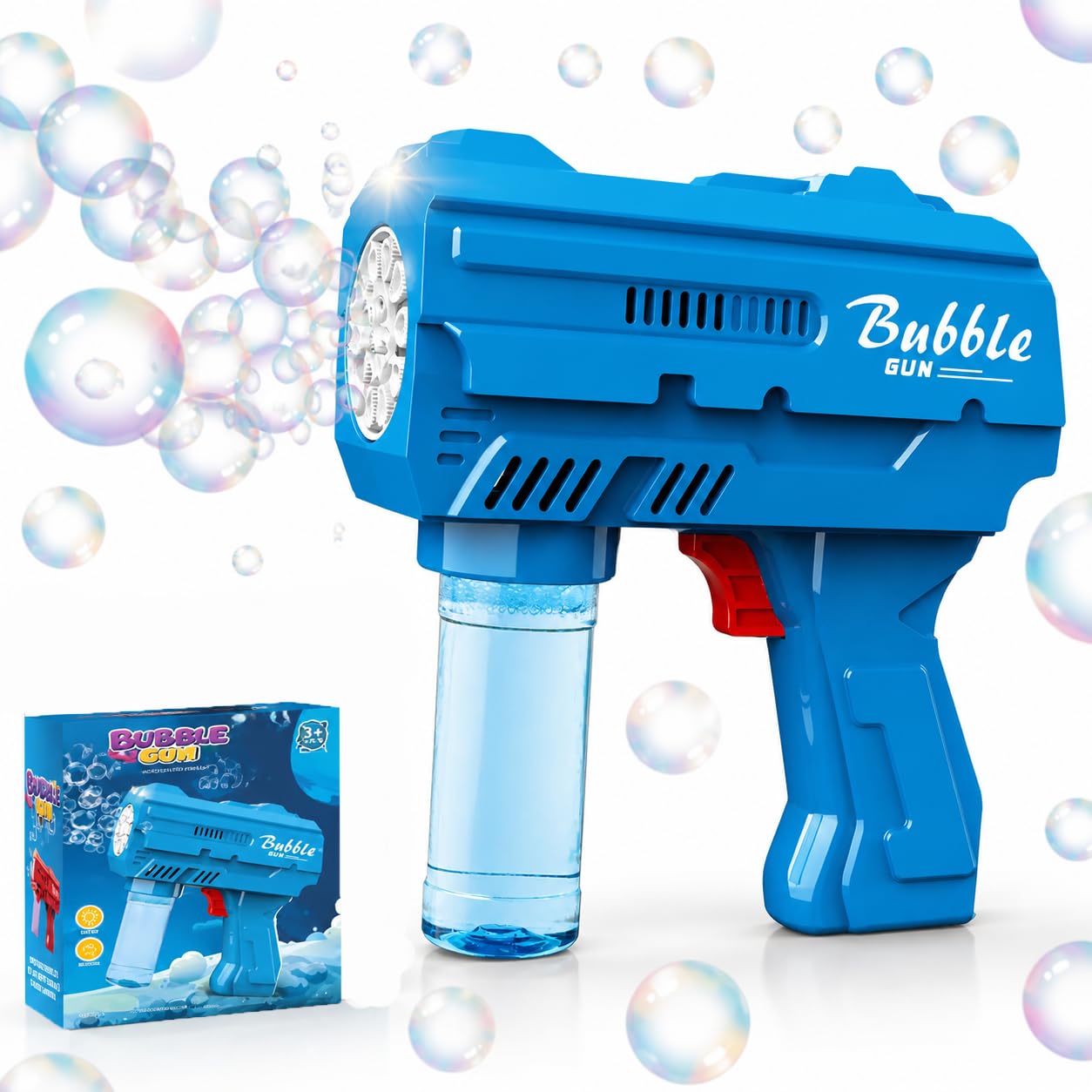 Kids Automatic Bubble Gun LED Light & Refill Solution – Leakproof Bubble Blaster, Outdoor Toys Toddlers 3-8, Birthday Gift, Easter Stuffer, Wedding & Party Supplies (Blue)