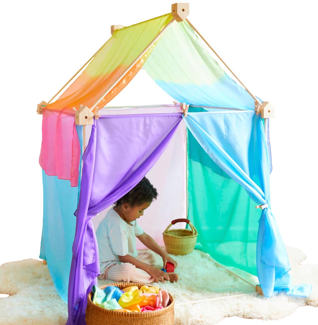 Sarah's Silks Wooden Playfort for Children | Natural Wood Indoor & Outdoor Playfort with Open Frame Design | Montessori Inspired Imaginative Play Tent (Natural Wood)