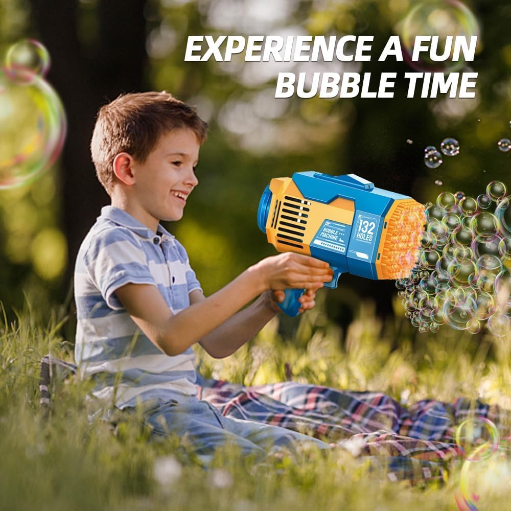 Fulercni Upgraded 132 Holes Bubble Machine Gun,Bazooka Bubble Machine,Rocket Bubble Gun Bubble Machine,Summer Toys Bubble Blaster Maker for Kids, Wedding,Birthday Gift (Blue)