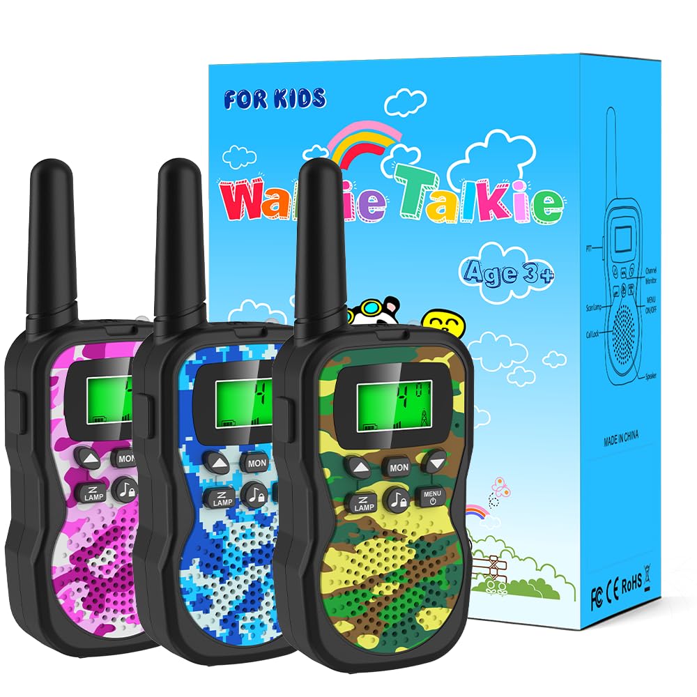 Huaker Kids Walkie Talkies,3 Pack 22 Channels 2 Way Radio Toy with Flashlight and LCD Screen,3KM Range Walkie Talkies for Kids Outside Adventures, Camping, Hiking