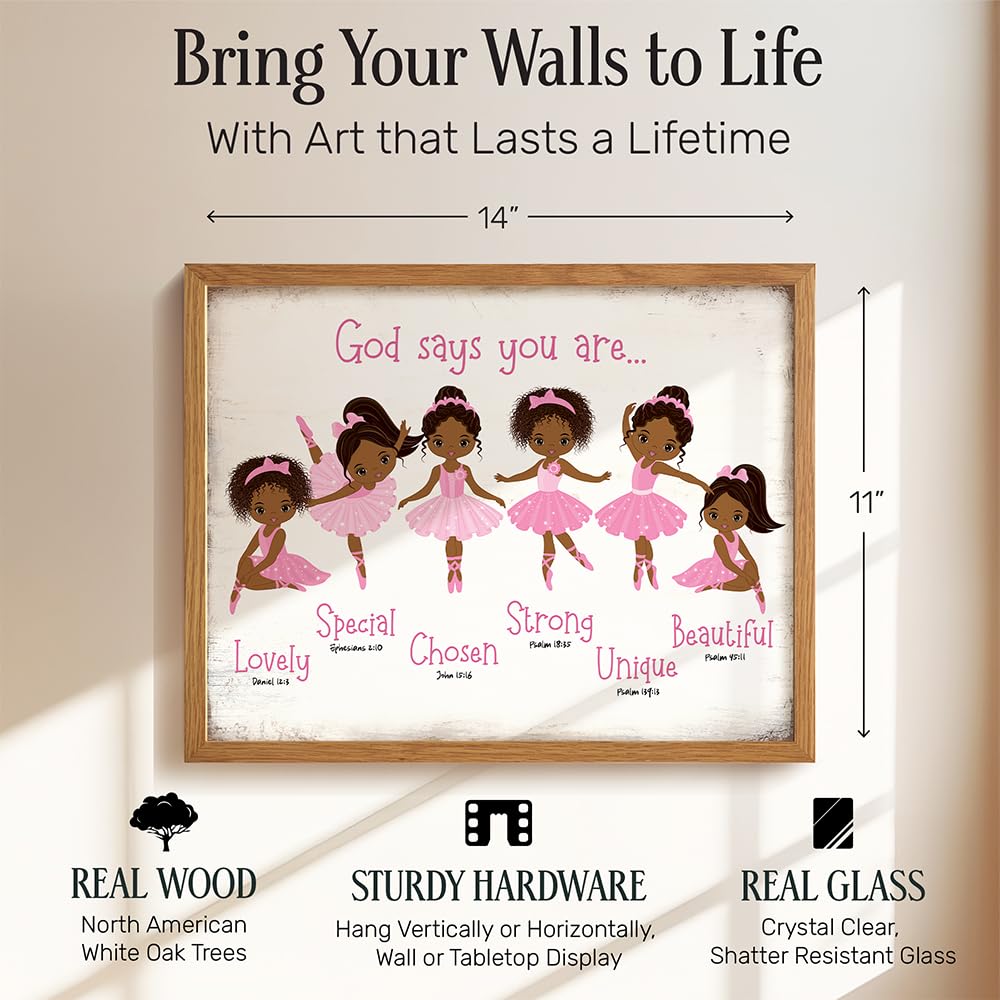 Black Afro African American Girl 11x14 FRAMED - God Says Christian Bible Verses Wall Art, Religious Room Decor, Toddler Little Girls Bedroom Decor, Pink Ballerina Baby Room Decorations, Daughter Gifts