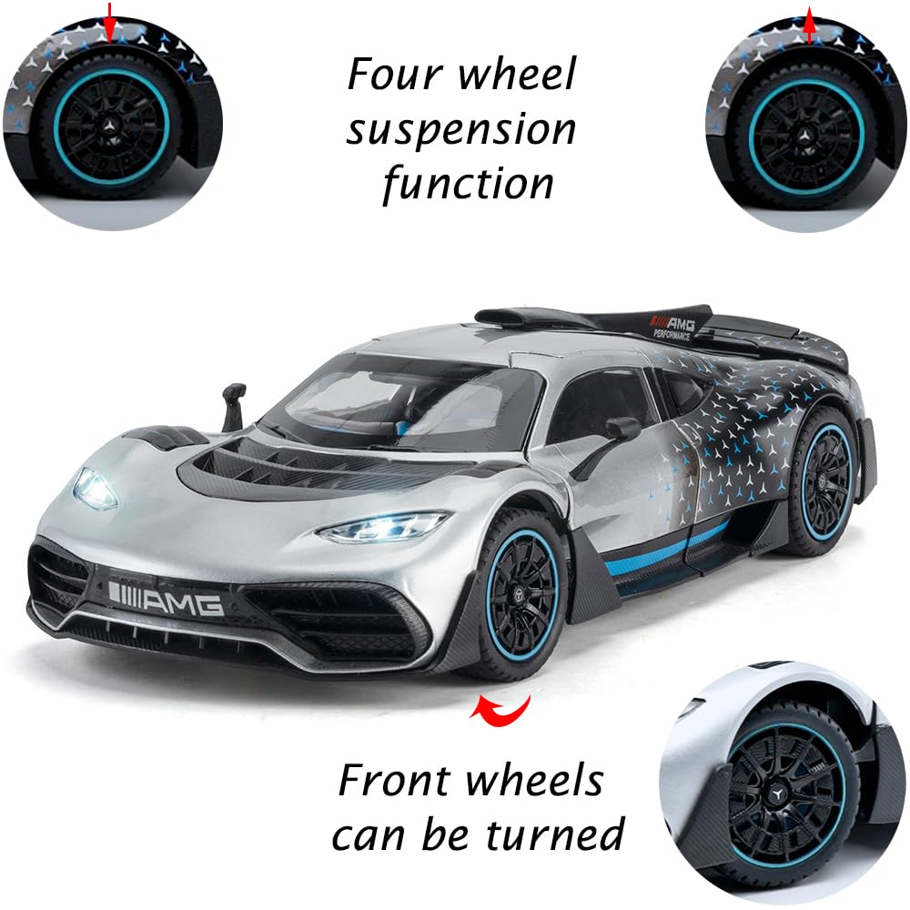 iLooboo Toy Car Model 1/24 Silver AMG ONE Alloy Collectible Vehicle Pull Back Die-Cast with Lights and Sound