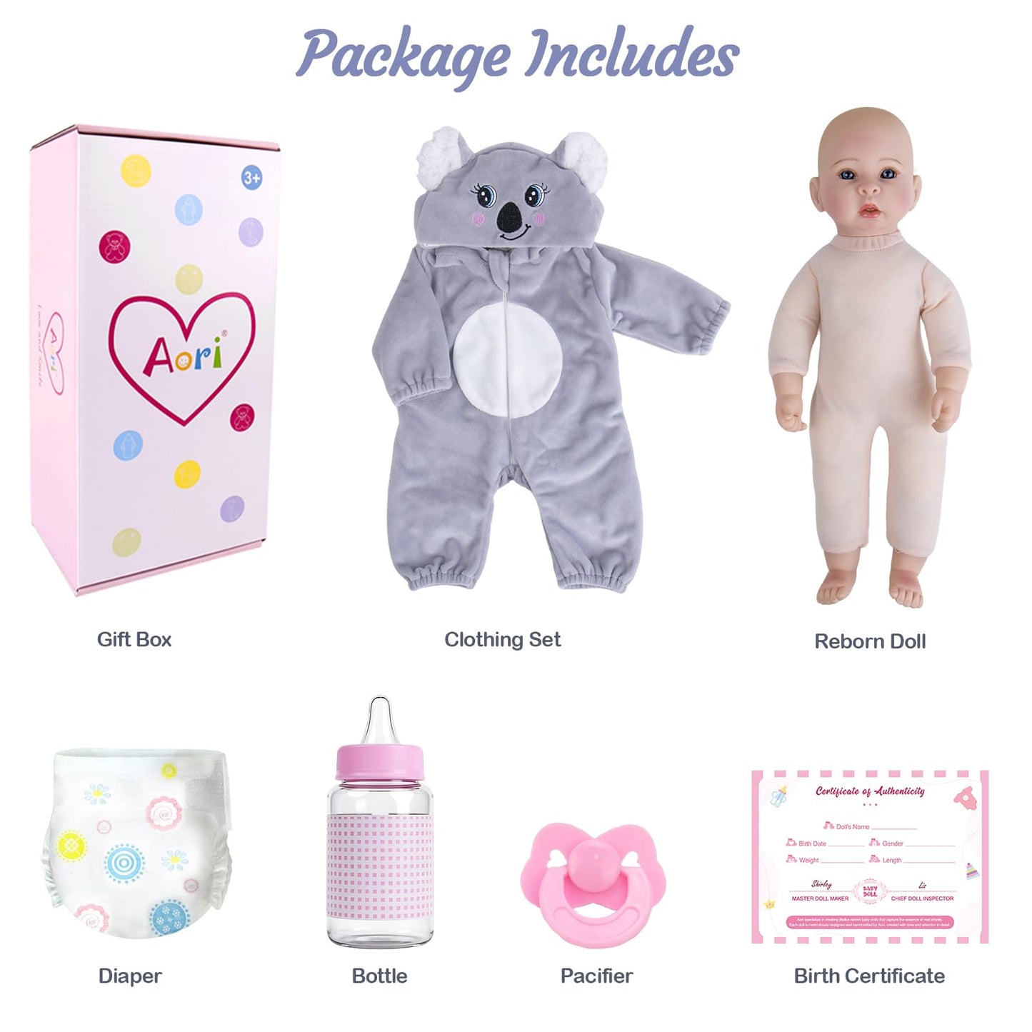Aori 17 Inch Lifelike Baby Dolls Realistic Doll with Real Life Lightweight Soft Body & Grey Outfits, for Girls 3+ Role Play, Adoption Day, Photography Prop, Collectible