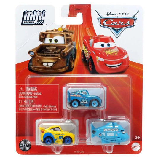 Disney Cars Mini Racers 3 Pack Sponsored by Dino Rotor Turbosky, Dinoco Cruz Ramirez, Dinoco Lightning McQueen