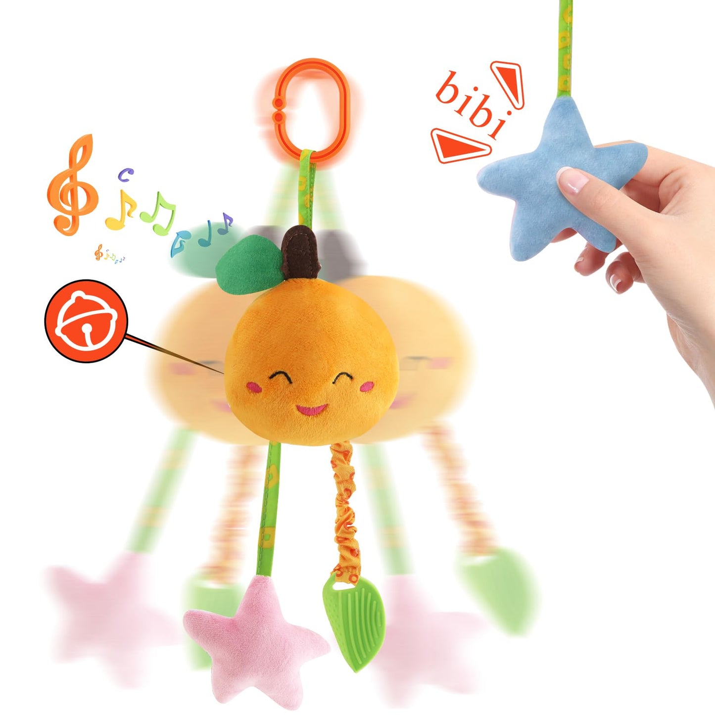 KAKIBLIN Baby Hanging Rattle Toys, 4 Pack Car Seat Stroller Toys Soft Squeaky Toy for Baby Newborn Infant Car Crib Travel Activity with Teether for Boys Girls, Toys for 0 3 6 9 12 Months, Fruits-A