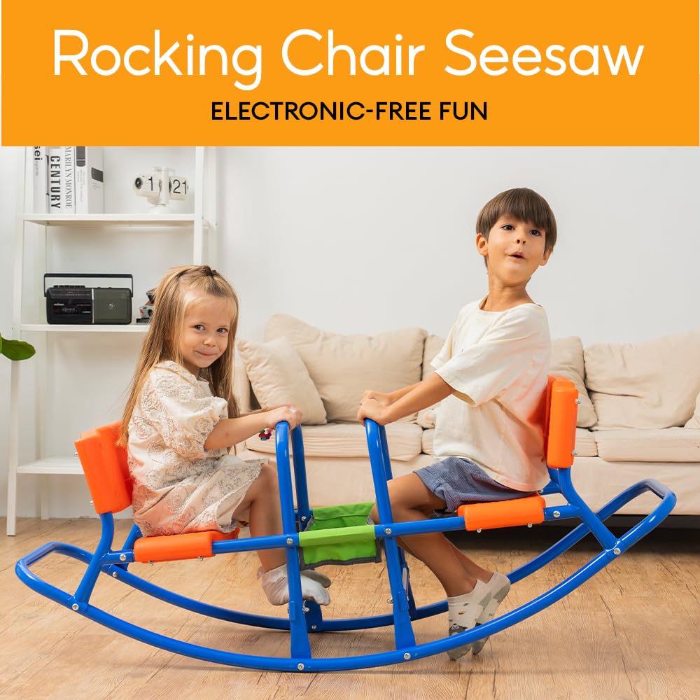 PLATPORTS Double Rocking Seesaw – 2-Seater Teeter Totter for Kids Ages 3-5 – Outdoor Ride-On Playground Toy for Two Children – Durable Steel Rocking Chair Seesaw for Backyard Fun