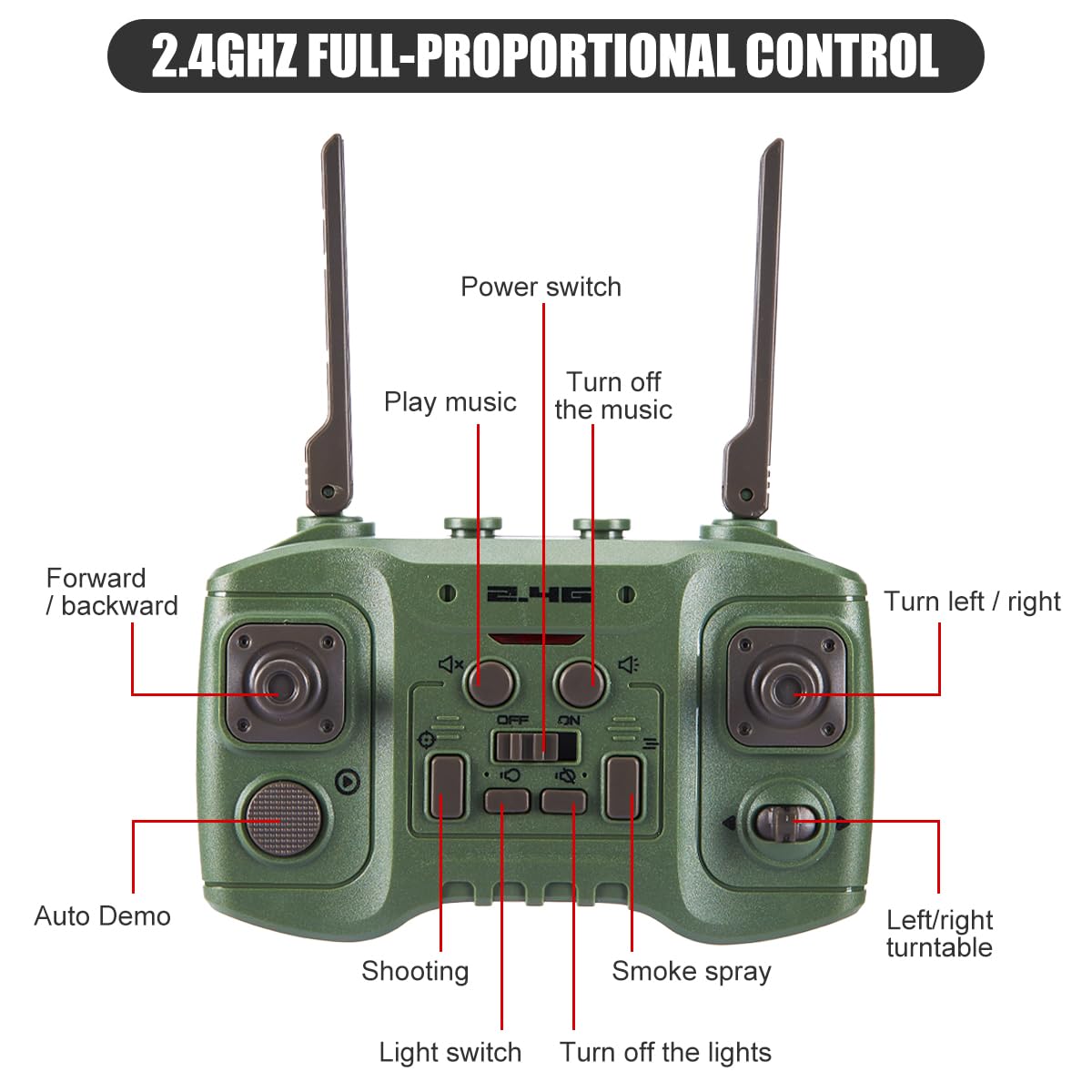 Hitish RC Tank that Shoots for Kids - 2.4Ghz Remote Control Army Tank Toys with Auto Demo Sound Light Smoke - 13 Channel Military Vehicles Model Gift for Adults Boys Age 6-8 9-12, Army Green