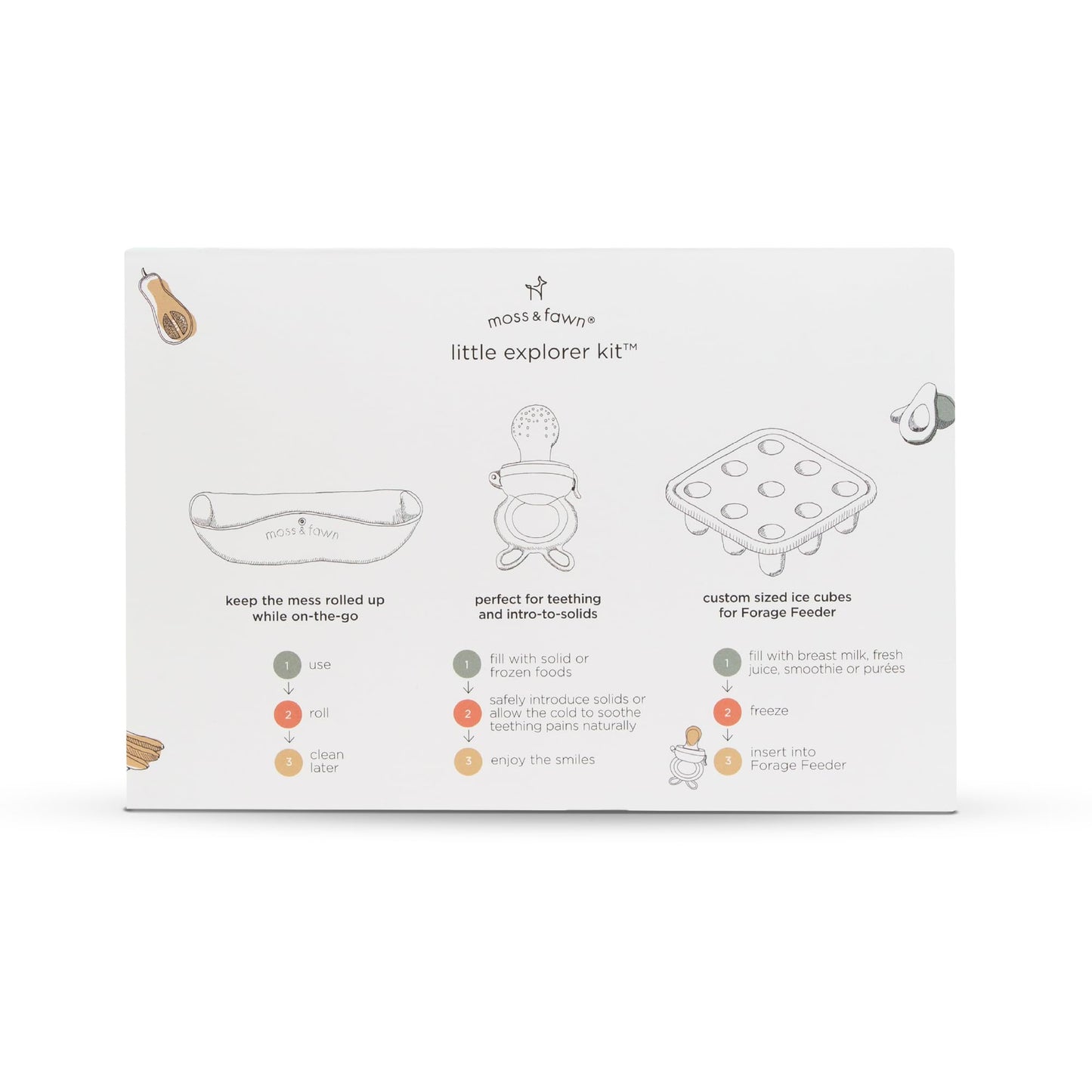 Moss and Fawn Little Explorer Kit - Silicone Frozen Breast Milk Popsicle Kit with Forage Feeder, Teething Popsicle Ice Cube Tray, & Gather & Roll Baby Feeding Bib - BPA, PVC, & Lead-Free - Foliage